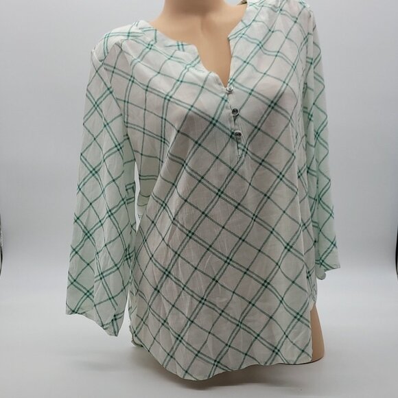 Kim Rogers Green & White Plaid Button-Front Blouse With 3/4 Sleeves - Picture 4 of 15